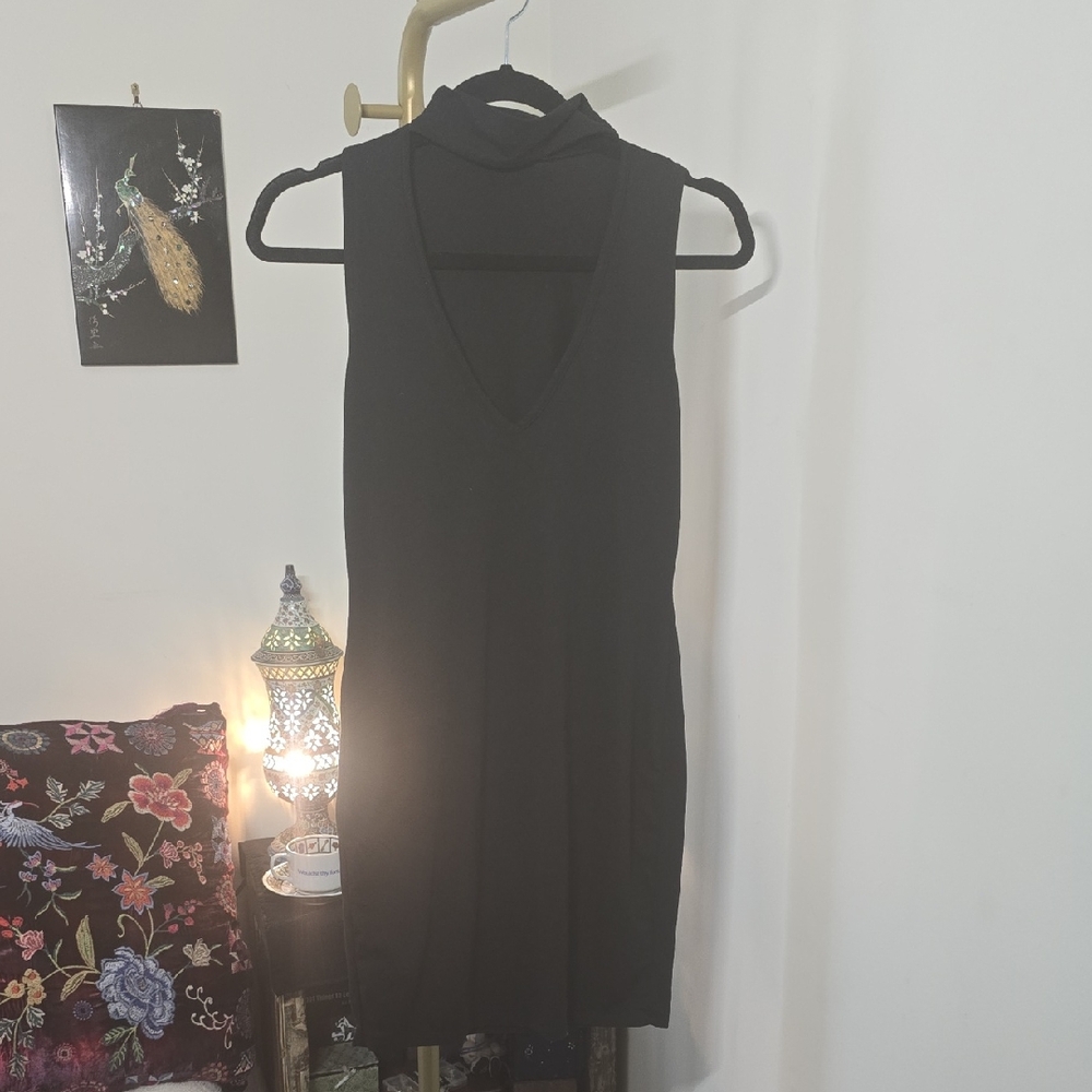 Ambiance Black Sleeveless Mock Neck Sheath Dress With Cutout
